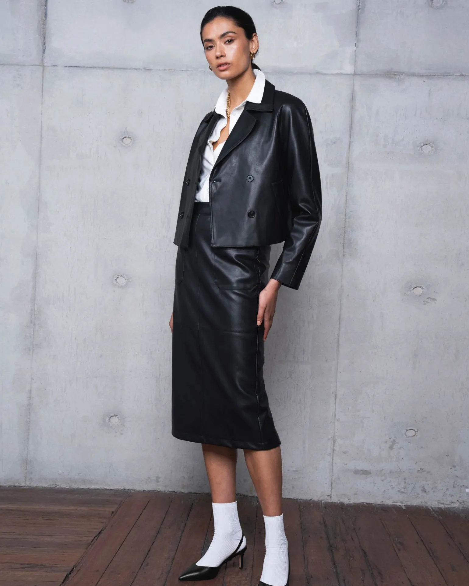 Vera Faux Leather Midi Skirt
